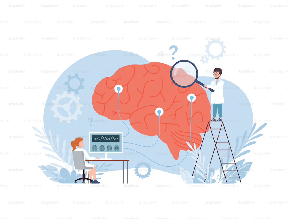 Neurologen oder Neurowissenschaftler untersuchen das menschliche Gehirn, flache Cartoon-Vektorillustration isoliert auf weißem Hintergrund. Banner für Neurologie und Elektroenzephalographie-Untersuchung.