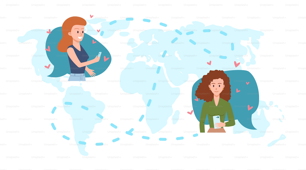 Two women in love in different parts of world chat using mobile phones flat style, vector illustration isolated on white background. Long distance relationship concept