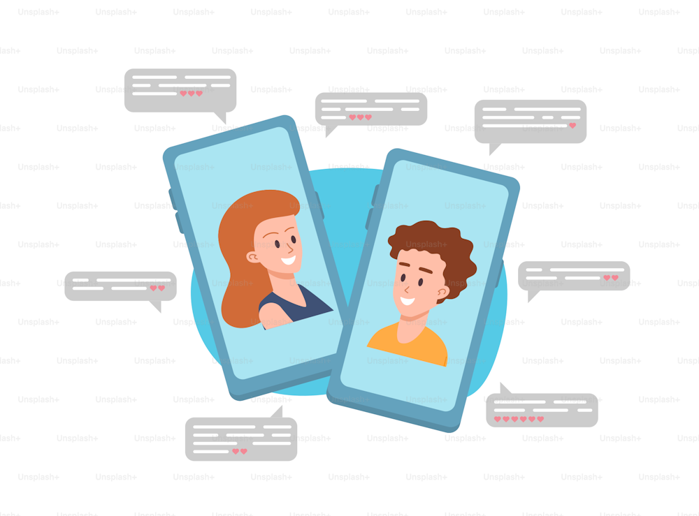Two mobile phone screens with happy boy and girl faces flat style, vector illustration isolated on white background. Long distance relationship concept, virtual communication