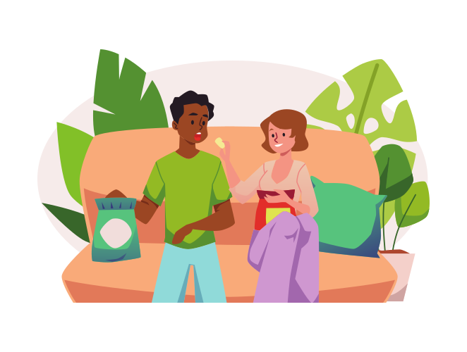 Couple having a snack at home sitting at coach, flat cartoon vector illustration isolated on white background. Fast snack and easy light meal at home.