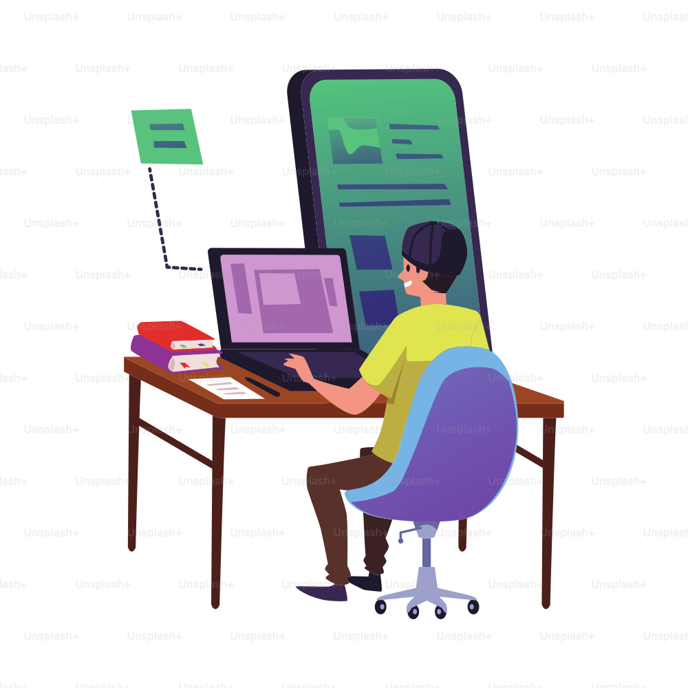 Graphic designer creates a cross-platform interface for the site or mobile app, flat vector illustration isolated on white background. UI UX designer at work.
