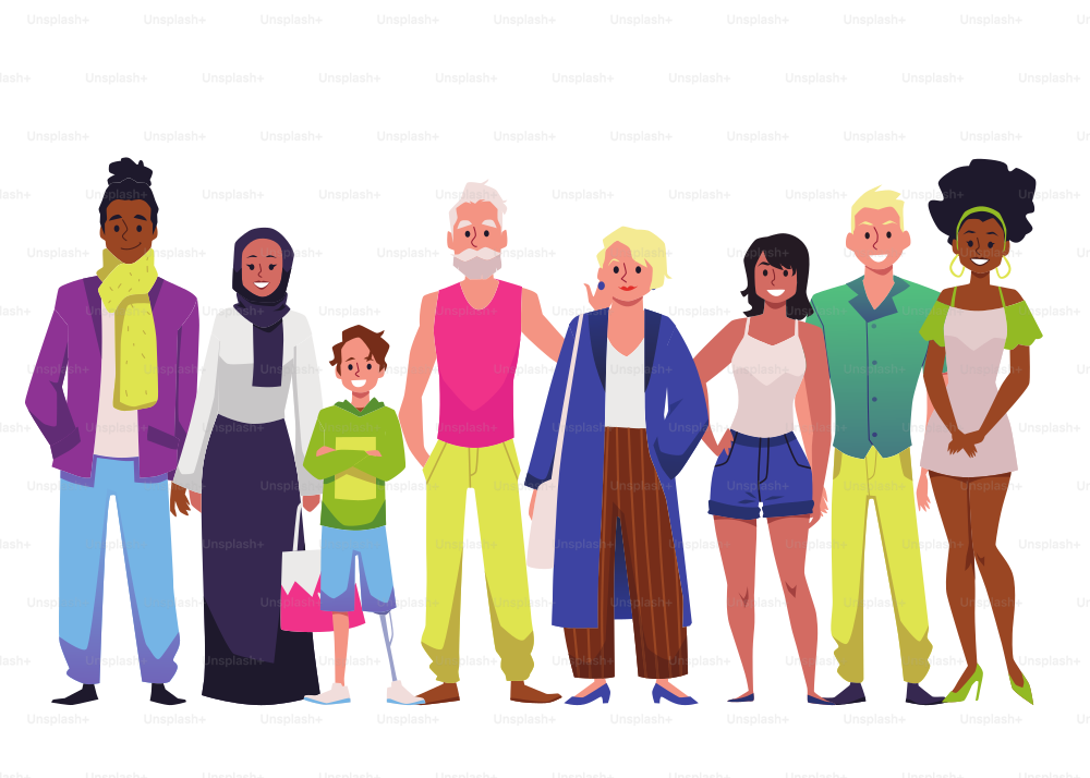 Diverse international and various ages people men and women group. People characters for diversity concept, flat vector illustration isolated on white background.
