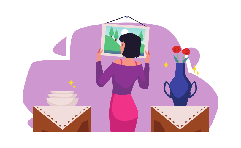 Young woman hangs picture on the wall flat style, vector illustration isolated on white background. Perfectionist character, shiny dishes and vase of flowers