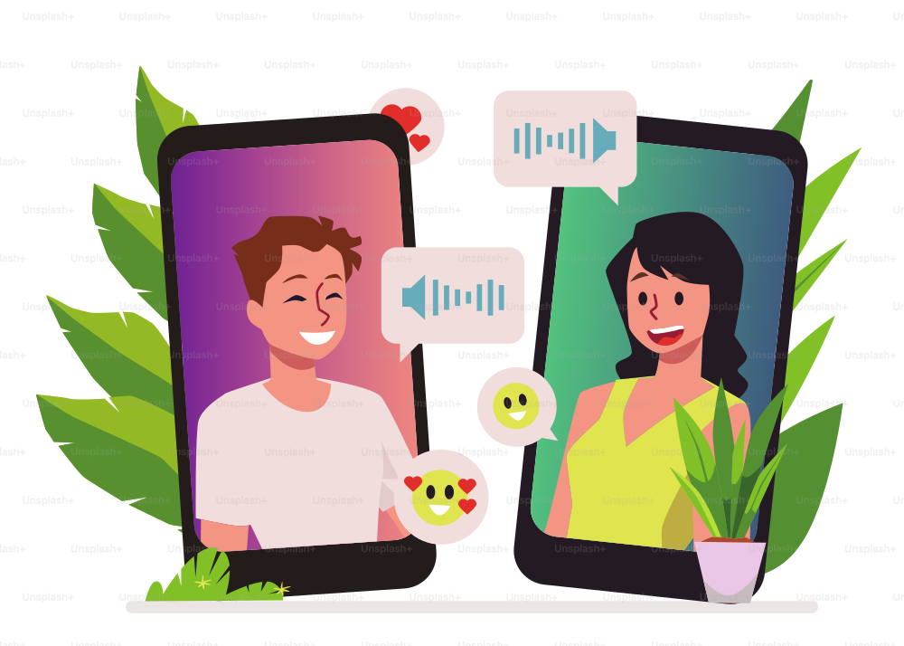 Relationship at a long distance and online date concept with man and woman communicating in mobile app, flat vector illustration isolated on white background.