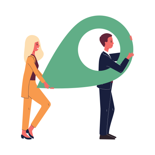 Business people or office colleagues carry a large map pointer, flat vector illustration isolated on white background. Relocation of the new office and moving concept.