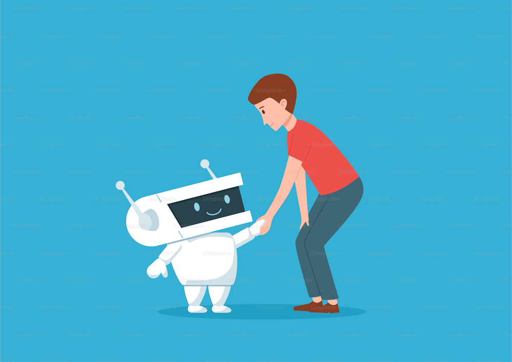 Mann und niedlicher freundlicher Roboter schüttelt Hände, flache Cartoon-Vektorillustration isoliert auf blauem Hintergrund. Künstliche Intelligenz dient und hilft einem Menschen.