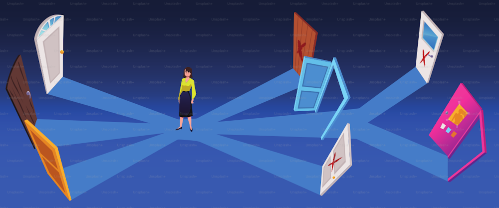 Woman surrounded by open doors as metaphor of choosing way and challenge. Way choice and business or career opportunity concept, flat vector illustration.
