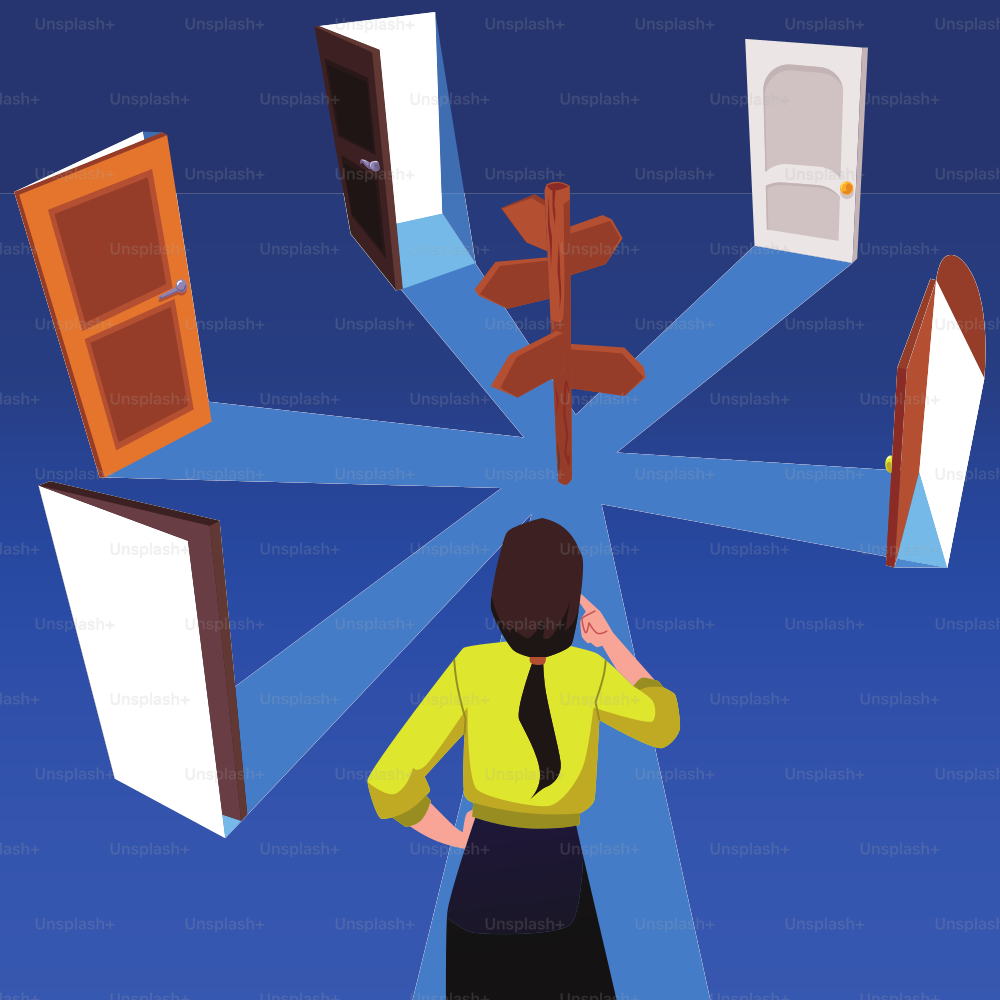 Woman in front of open doors and signs of the way, flat vector illustration. Business woman choosing the best route, choices and decision, alternative ways of career.