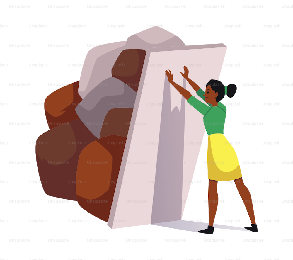 Confident young woman holding door from pile of huge stones flat style, vector illustration isolated on white background. Difficulties and problems metaphor, burden