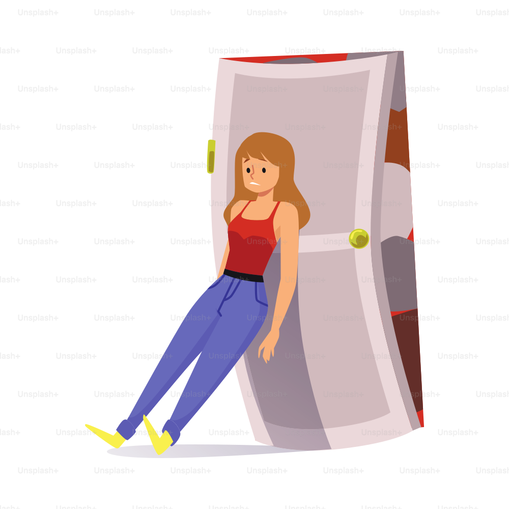 Woman tries to close the door with lots of abstract life burdens, flat vector illustration isolated on white background. Stressed cartoon character trying to avoid problems.