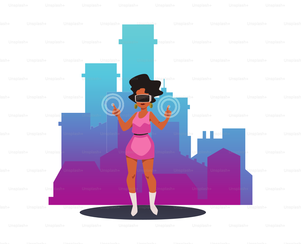 Woman plays VR game and travels to the city, flat vector illustration isolated on white background. Cartoon character wearing virtual reality headset or glasses.