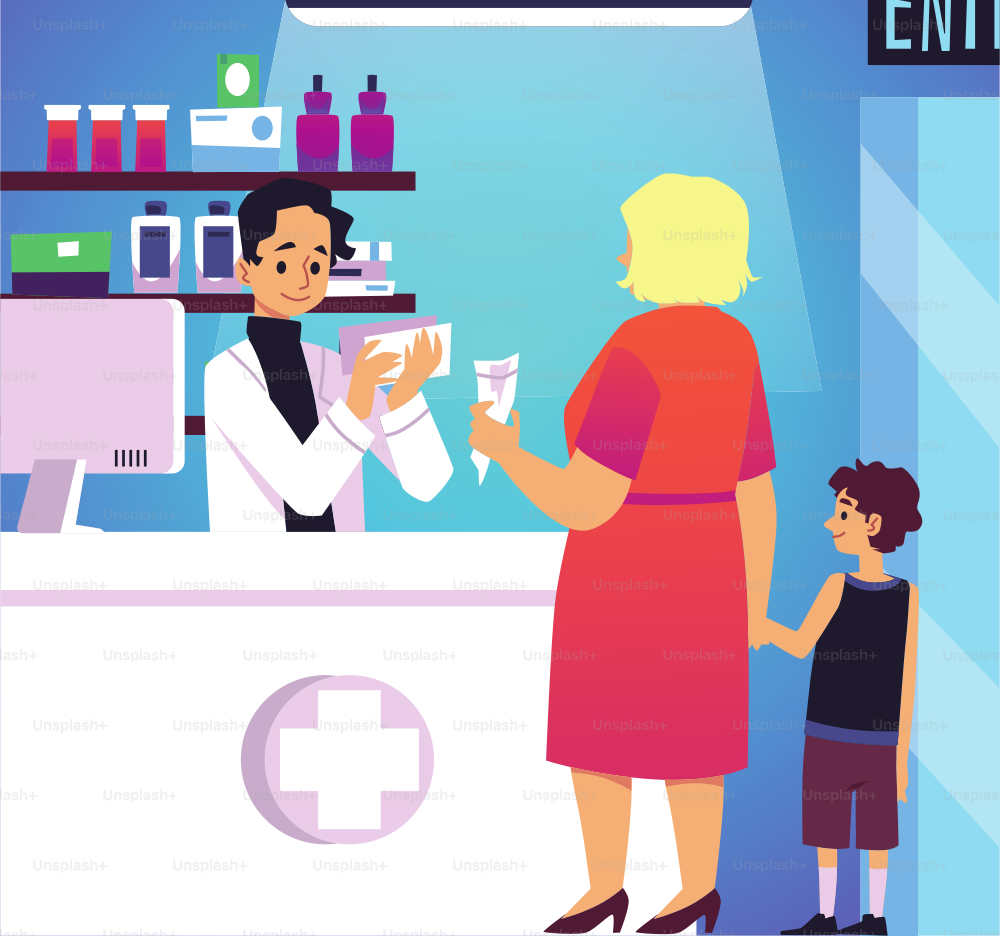 Woman customer buys medicine with prescription in drug or pharmacy store, flat vector illustration. Mother with child talking to pharmacist or medical worker.