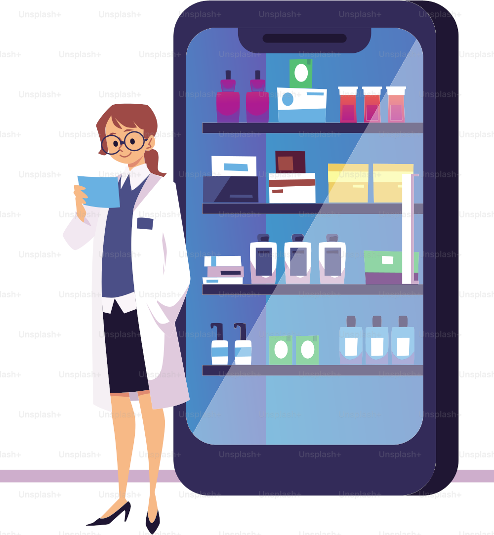 Woman pharmacist character stands near medicine cabinet and reads prescription flat style, vector illustration isolated on white background. Pharmacy concept