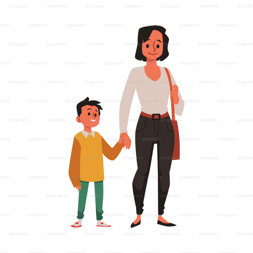 Mother and child boy walking together holding hands, flat cartoon vector illustration isolated on white background. Smiling happy mother and son walk.