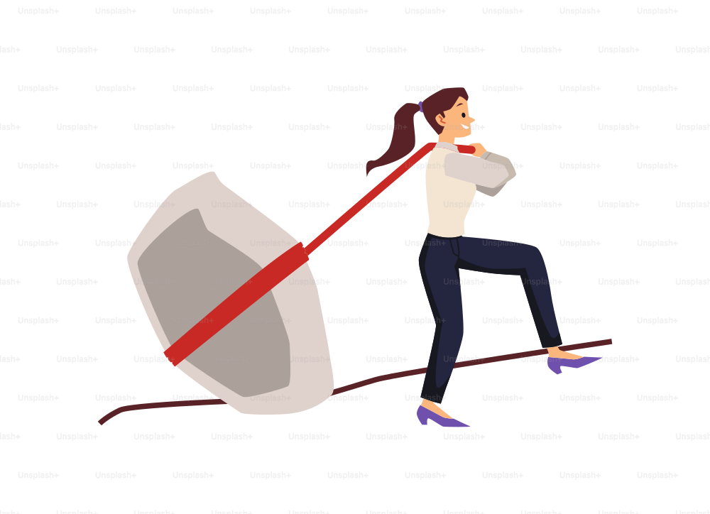 Business woman makes an effort to pull heavy stone, flat vector illustration isolated on white background. Metaphor of strong effort and complete tasks.