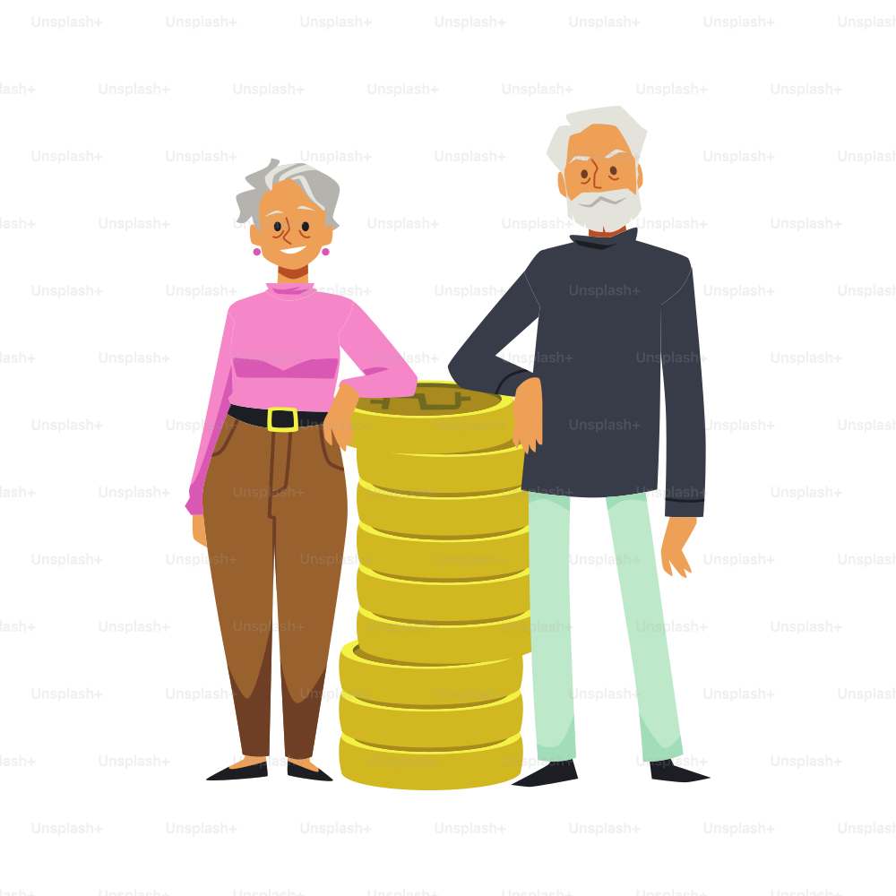Happy elderly man, grandparents with money, vector flat illustration on white background. The pension fund invests the finances of old people. Retiree cares about his future
