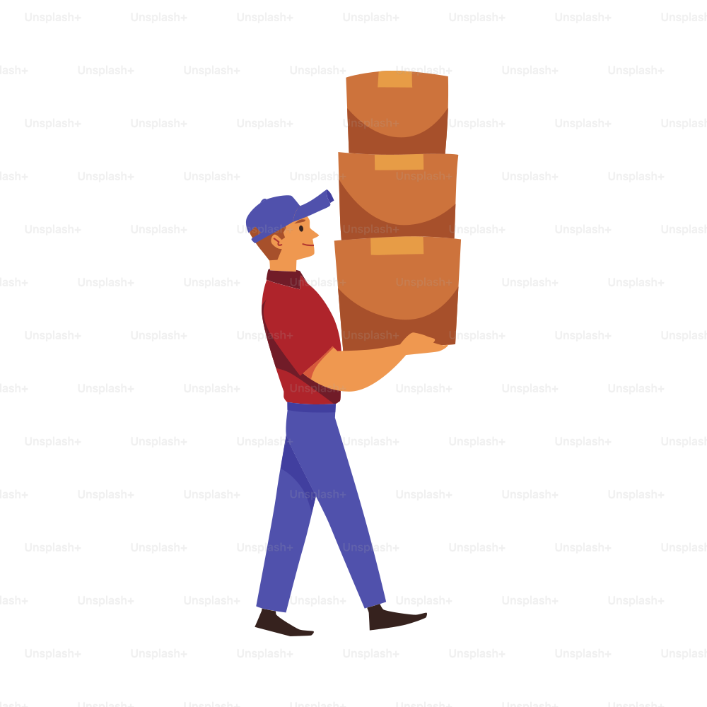 Loader or delivery man carrying high stack of boxes, flat vector illustration isolated on white background. Properly carrying and lifting heavy weights.
