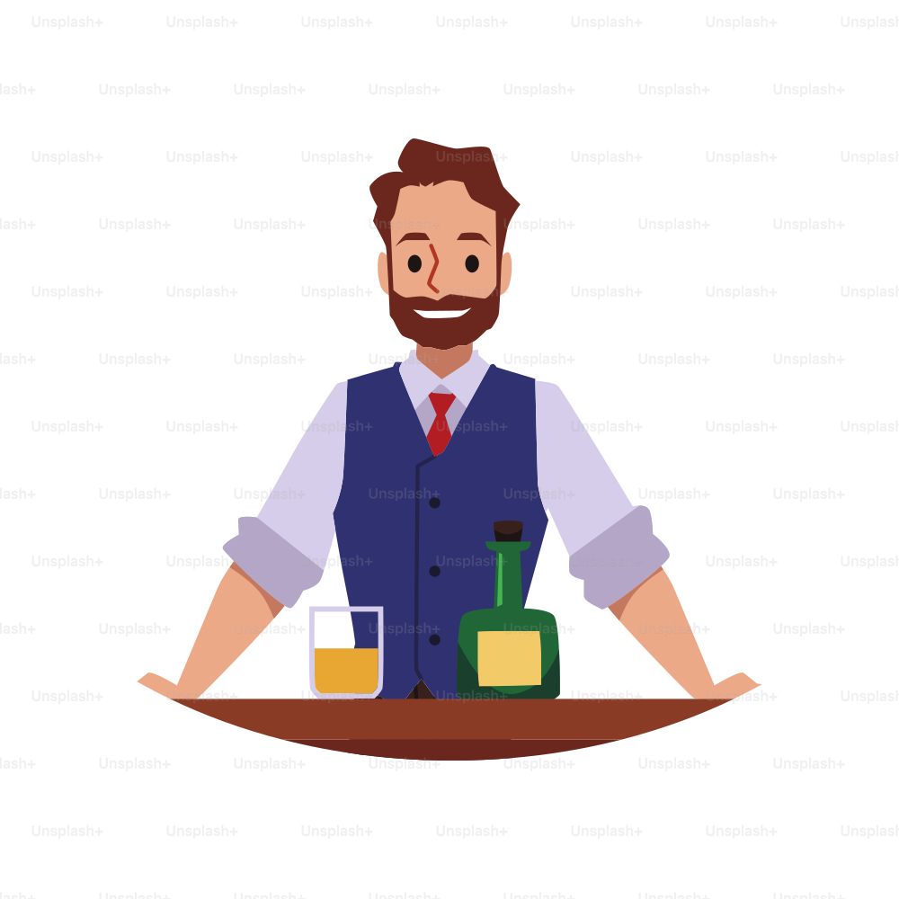 Barman o barman sonriente hombre amable detrás de la barra de la barra, ilustración vectorial plana aislada sobre fondo blanco. Carácter de barman para el emblema del establecimiento del bar.