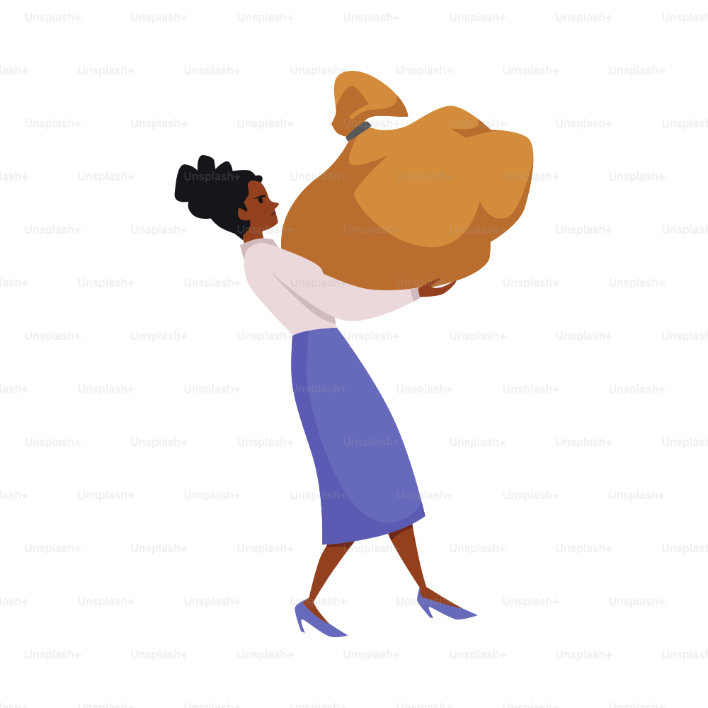Mujer enojada que lleva una bolsa pesada, concepto abstracto de cargas de vida, ilustración vectorial plana aislada sobre fondo blanco. Personaje femenino de dibujos animados que lidia con problemas y problemas.