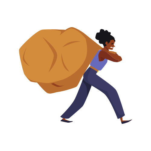 Annoyed young woman carries on back huge heavy bag flat style, vector illustration isolated on white background. Hard burden, difficulties and problems concept