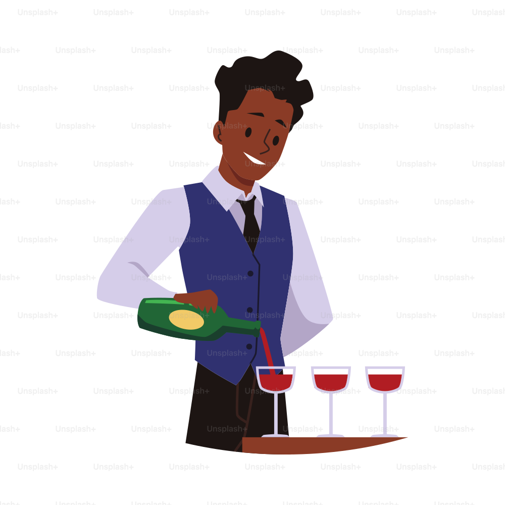 Barista o cameriere professionista che versa vino in bicchieri, illustrazione vettoriale piatta isolata su sfondo bianco. Uomo che lavora in uno stabilimento per bere. Barman in uniforme che preparano bevande.