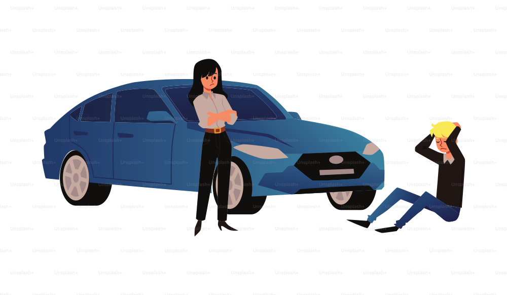 Driver of car and pedestrian gets into an accident. Illustration with accident, an emergency on road. Pedestrian collided with car, vector flat illustration on white background