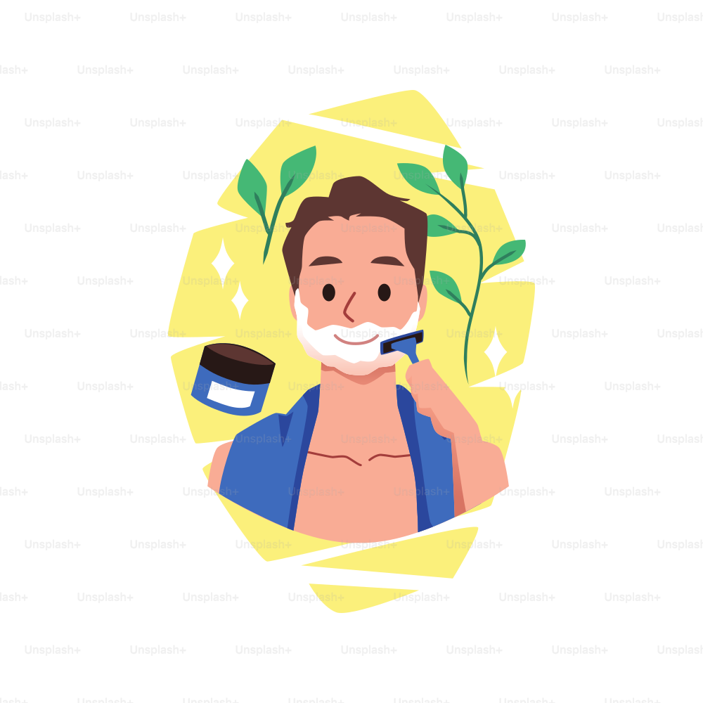 Man with shaving foam on face using razor for beard, flat vector illustration isolated on white background. Skincare morning routine of male cartoon character.