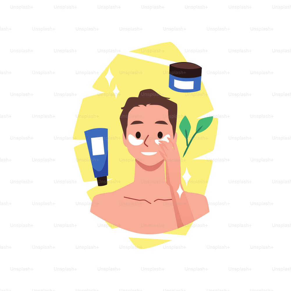 Happy man using eye patches. skin care routine, flat vector illustration isolated on white background. Cartoon character taking care of face with cream and cleanser.