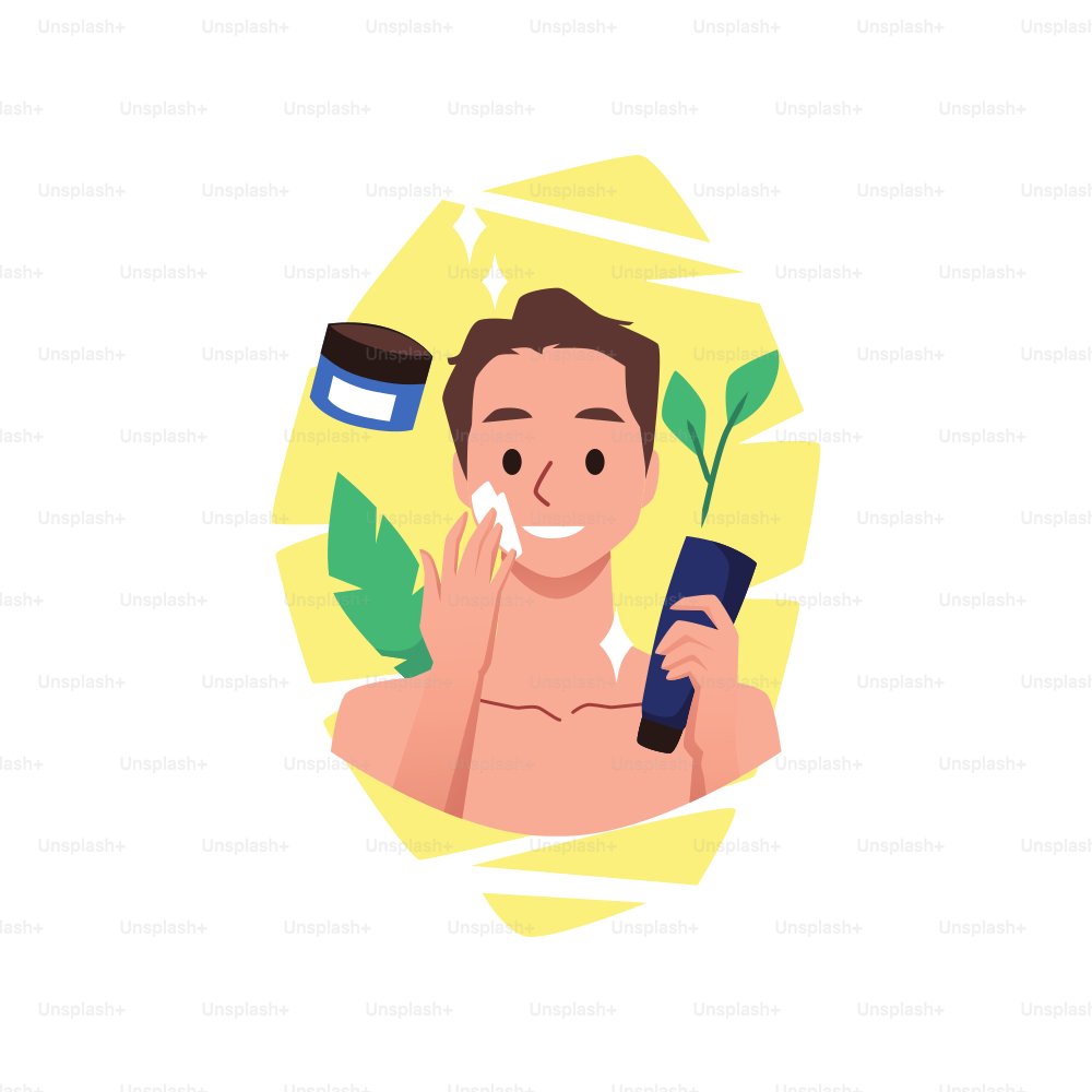Happy young man using facial cream as part of skincare routine, flat vector illustration isolated on white background. Cartoon character applying beauty products.