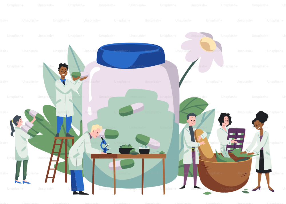 People making herbal medicines and put pills in huge glass jar flat style, vector illustration isolated on white background. Characters in white coats. Homeopathy concept