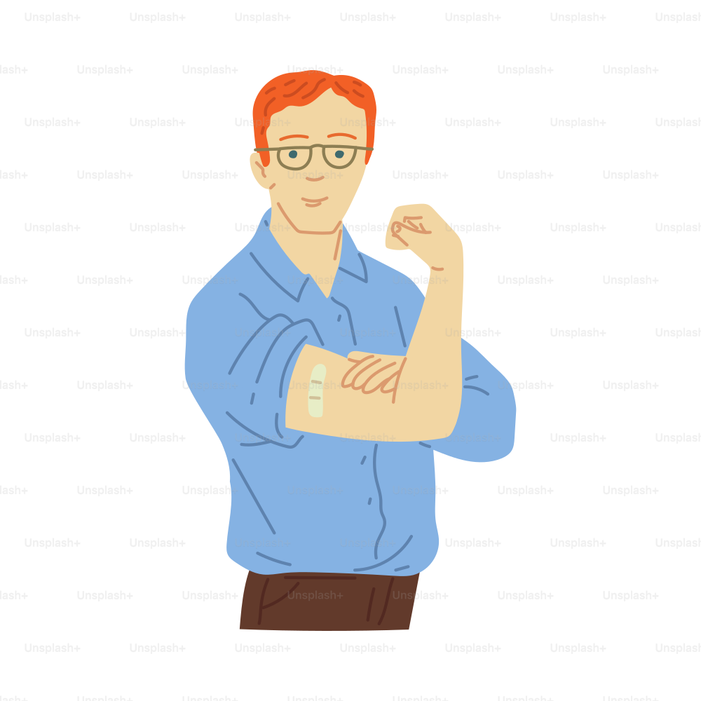 Middle-aged man shows his hand after being injected with vaccine. Covid-19 vaccination campaign character, flat cartoon vector illustration isolated on white background.