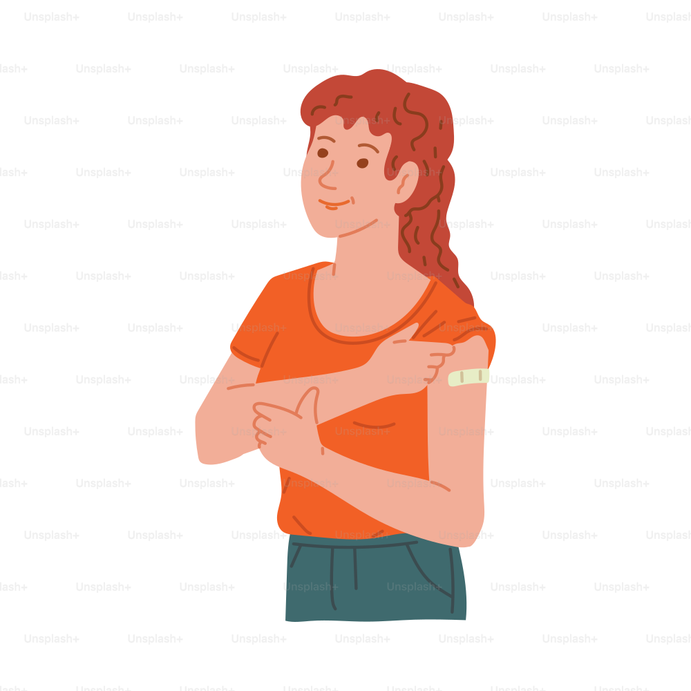 Vaccinated young woman showing her shoulder after antiviral vaccine shot, flat vector illustration isolated on white background. Covid-19 vaccination and healthcare.