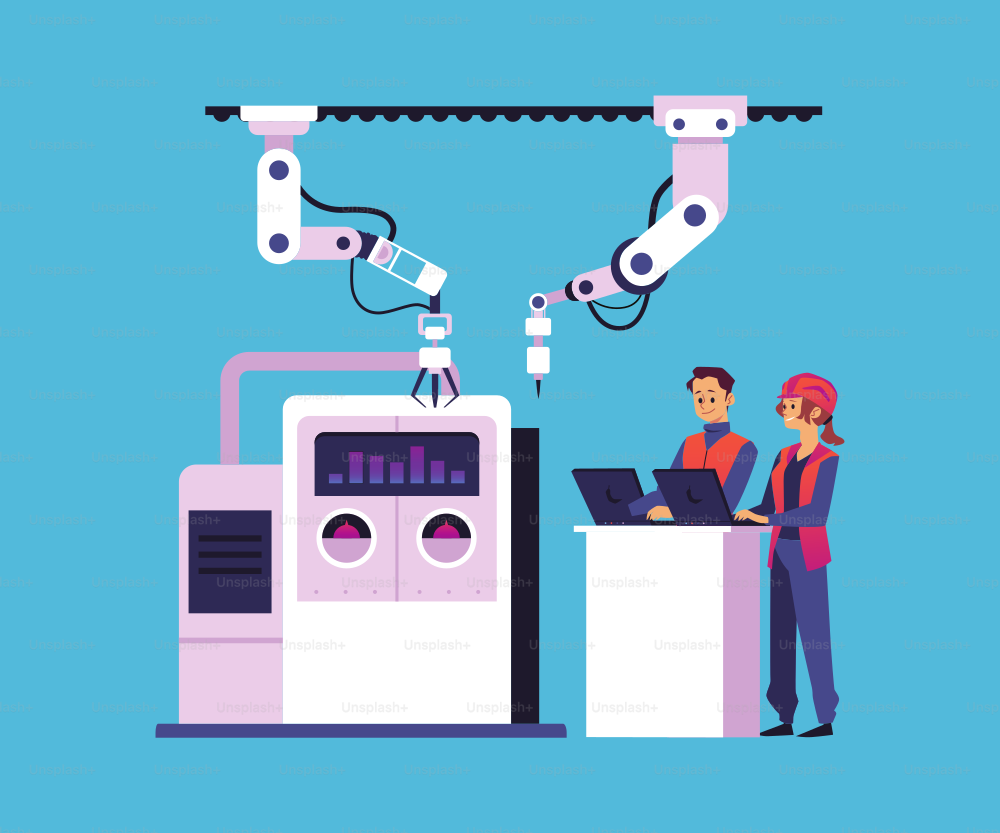 Factory workers or engineers control robotic hands with laptop, flat vector illustration isolated on blue background. Concept of smart technologies working in factories instead of humans.