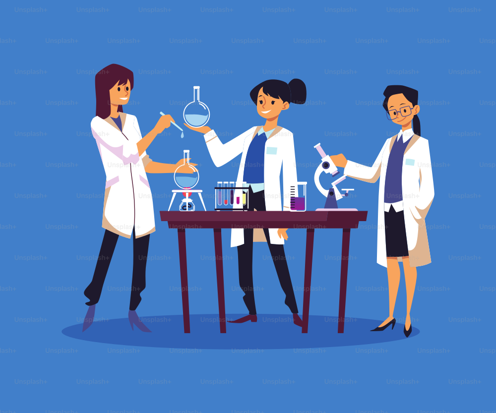 Personajes femeninos científicos que realizan experimentos de bioingeniería o químicos, ilustración de vectores planos aislados sobre fondo azul. Investigación sobre células madre y genética.