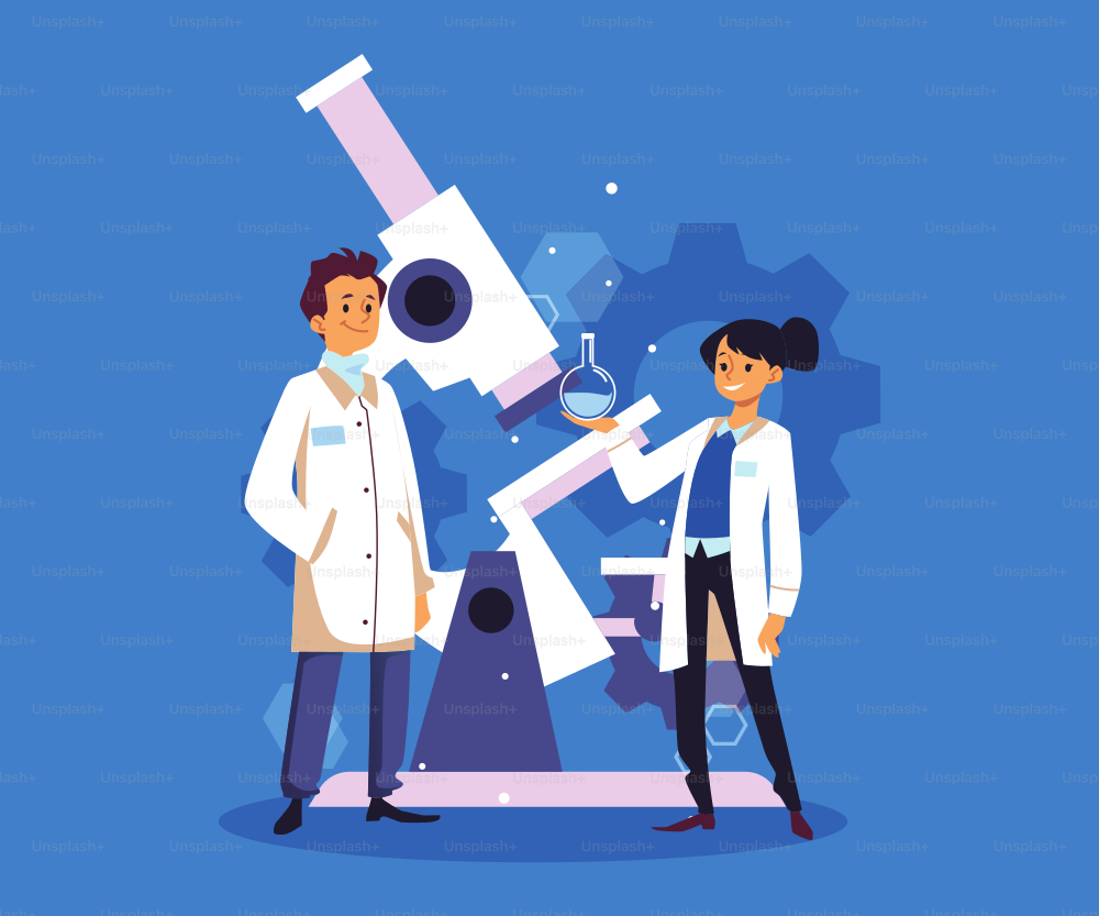 Characters of biomedical and bioengineering scientists in front of huge microscope at backdrop, cartoon flat vector illustration isolated on blue background.