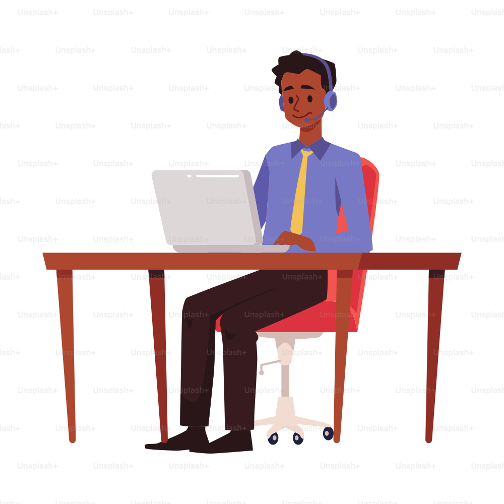 Customer service hotline operator African American male character at desk, flat vector illustration isolated on white background. Call center operator or telemarketer.