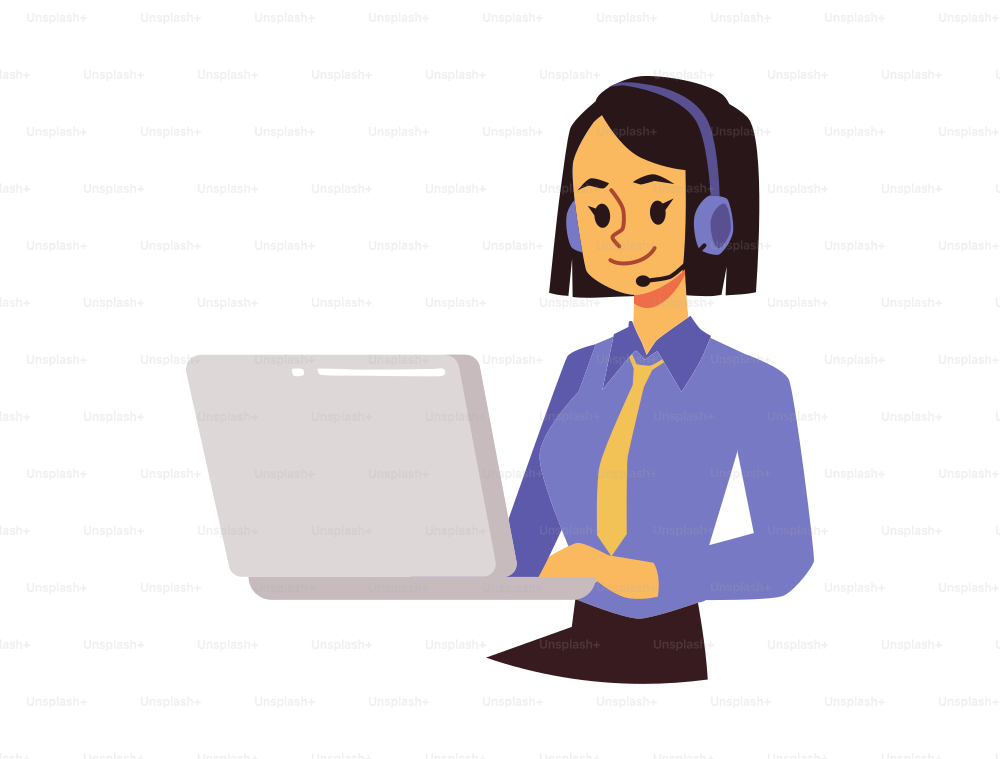 Female customer service operator or consultant, telemarketer flat cartoon vector illustration isolated on white background. Clients support operator with laptop.