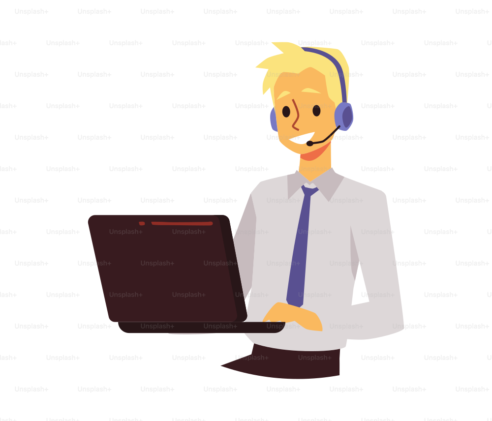 Customer service worker with laptop, headphones and microphone, flat vector illustration isolated on white background. Man in headset support and assist clients, telemarketing consultant.