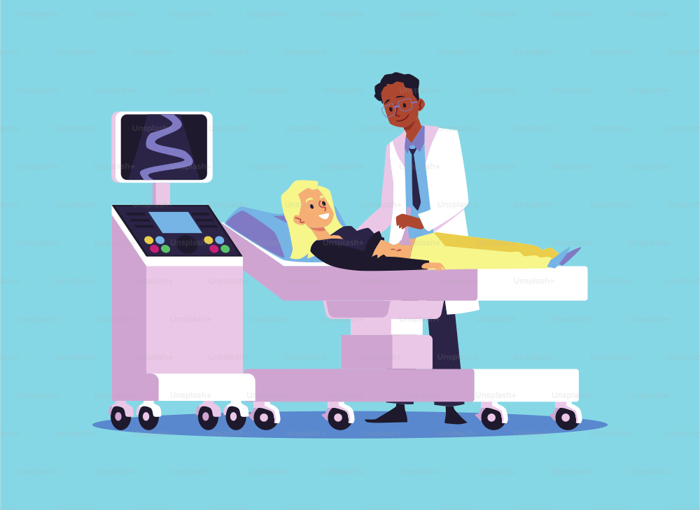 Black doctor does abdomen ultrasound diagnostics for white blonde women lying on the bed. Sonography machine, medical technology device. Ultrasound scan at doctor's office, cartoon vector illustration