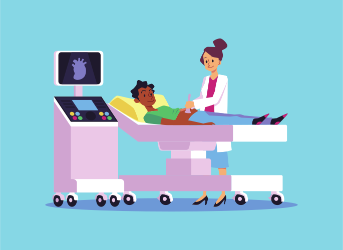 Ärztin scannt das Herz des afrikanischen Jungen. Ultraschall oder Sonographie des Herz-Kreislauf-Systems in der Klinik in einer flachen Vektor-Illustration, isoliert auf Blau. Diagnostische Untersuchung der Organe im Krankenhaus