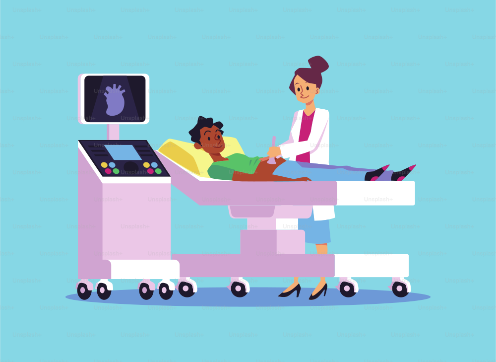 Female doctor scans heart of African boy. Ultrasound or sonography of cardiovascular system in clinic in flat vector illustration isolated on blue. Diagnostic examination of organs in hospital