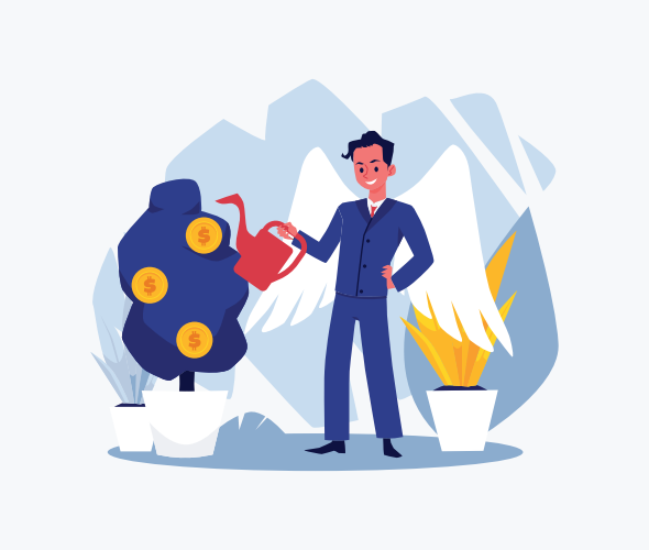 Business angel investor male character watering money tree, flat vector illustration isolated on white background. Angel sponsor investing and supporting startup.