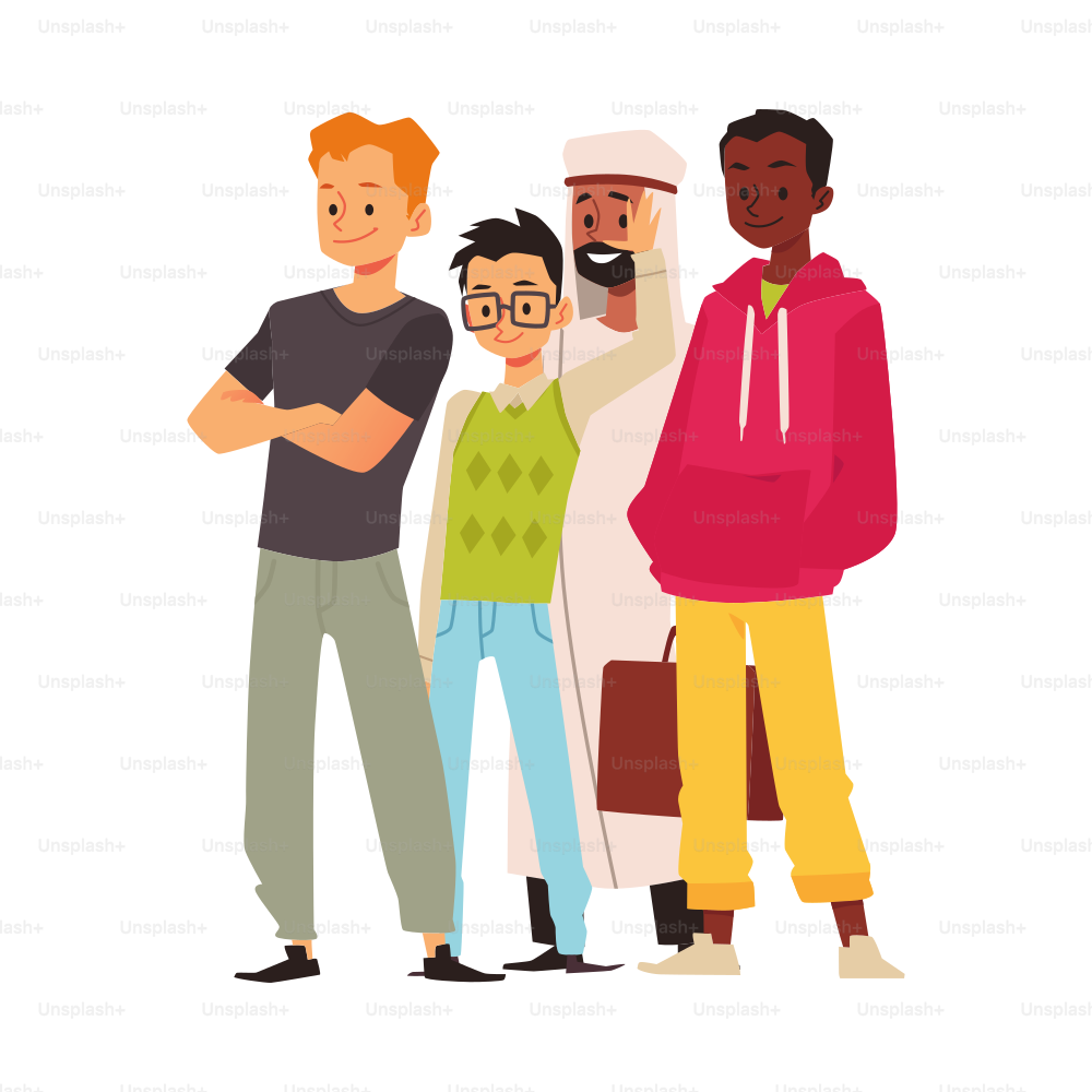 Men of different nationalities and cultures, skin colors. Social diversity group of men: Muslim, Black African, Ginger White male and Asian guy cartoon vector illustration. Multinational office team.