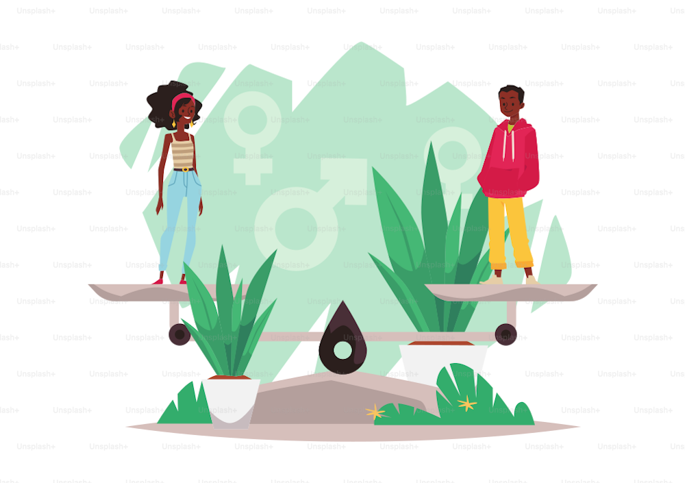 Young Black African American cartoon characters balance on the scale. Gender equality vector concept, black feminists fight for their rights. Black woman with afro and black male in casual clothes.