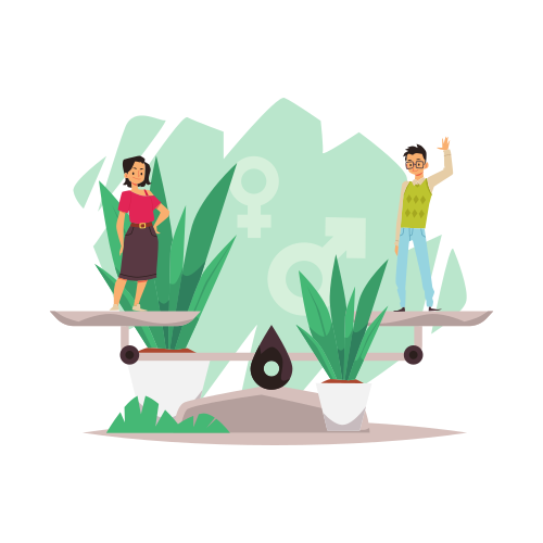 Young White female in skirt and young Asian man wearing glasses have the same weight on the scale of social justice. Equal rights and opportunities for all sexes and genders cartoon vector concept.