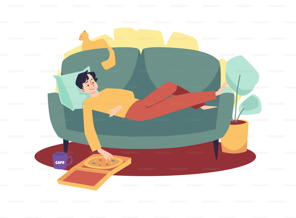 L’homme est allongé sur un canapé avec un chat, mange une pizza et boit du café - illustration vectorielle plate isolée sur fond blanc. Concept de paresse, de mode de vie sédentaire ou de problèmes de santé mentale.