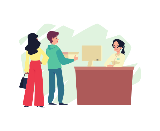 Leute im Laden bezahlen ihre Einkäufe an die Kasse, flache Cartoon-Vektorillustration isoliert auf weißem Hintergrund. Mann und Frau im Modeschuhgeschäft.