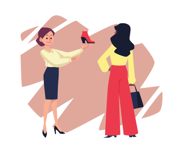 女性のショッピングアシスタントが顧客にアンクルブーツを見せる -  白い背景にフラットなベクターイラストが孤立している。ファッショナブルな女性が靴屋で買い物をする。のベクター – Unsplashのカートゥーンの画像, image size:3000x2516