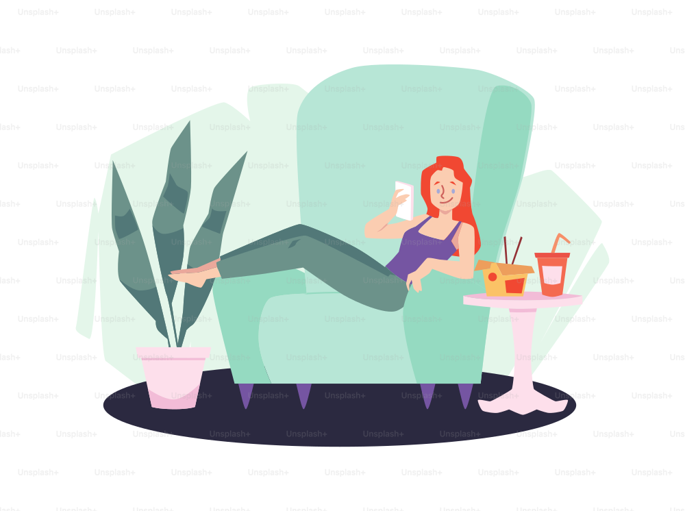 Redhead happy girl sit in comfortable armchair using her phone for surfing online and eating chinese takeout food. Young woman at home scrolling her smartphone cartoon vector illustration. Sedentary lifestyle concept.