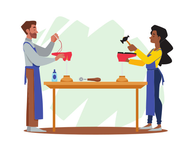 Concept of handicraft footwear manufacturing process, cartoon vector illustration isolated on white background. Man and woman in apron making shoes with hammer and needle with thread.